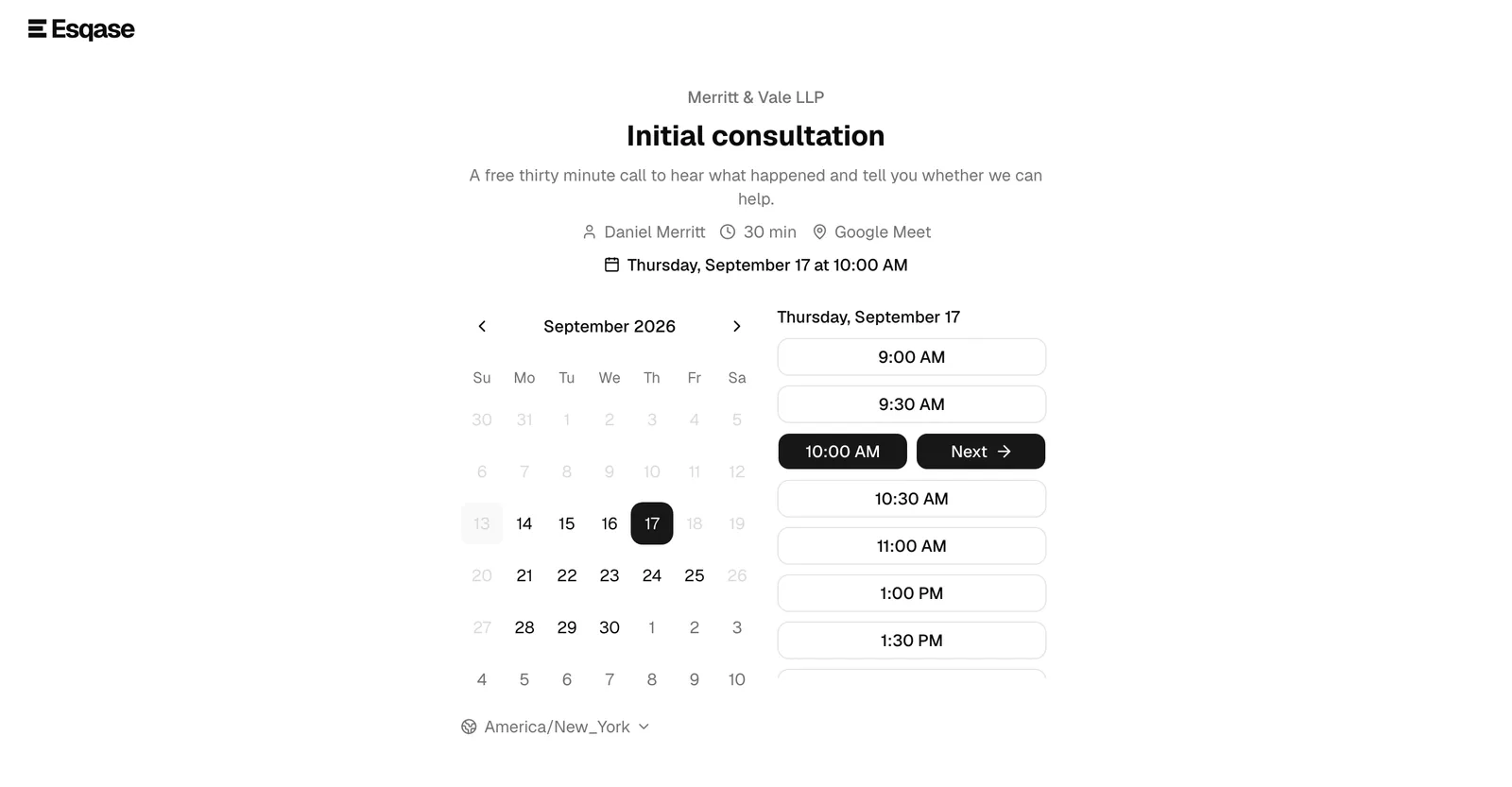 The calendar with a date selected and the time-slot list open on the right; one slot is highlighted with its Next button revealed.