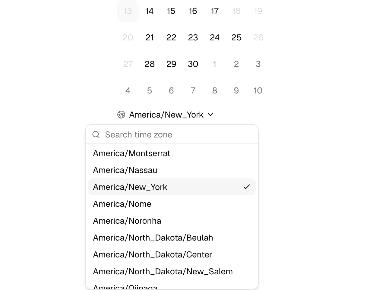 The time-zone control open beneath the calendar, with the search box and a list of time zones, one selected.