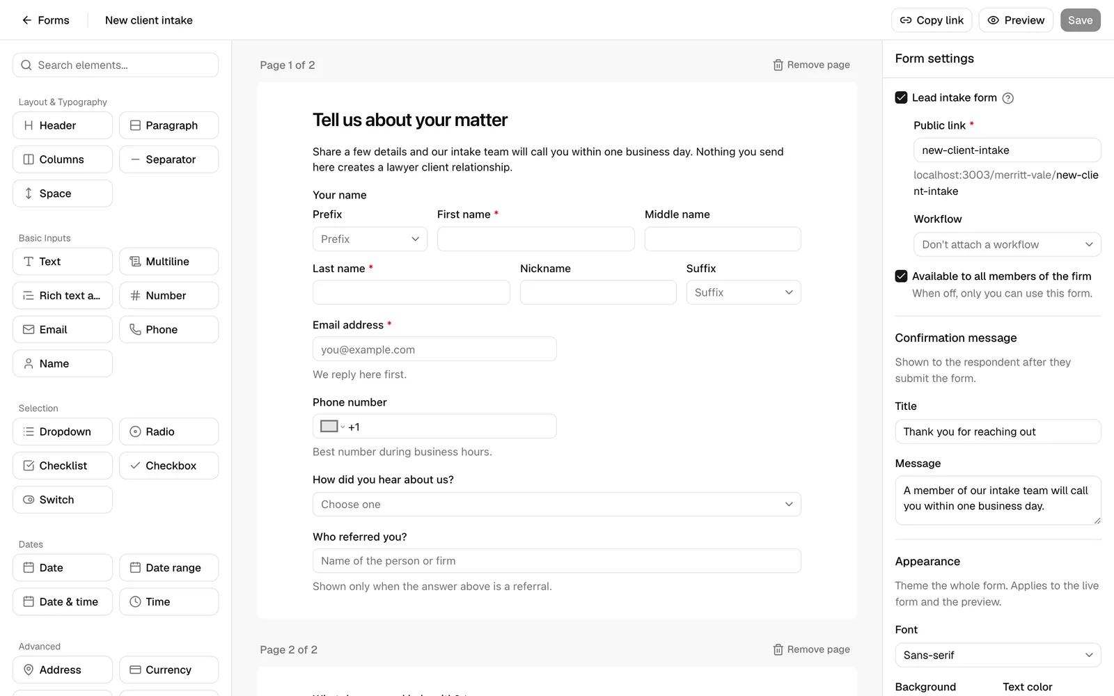 The form builder with the right-hand Form settings panel open, the Lead intake form checkbox selected, and the Public link and Workflow fields visible.