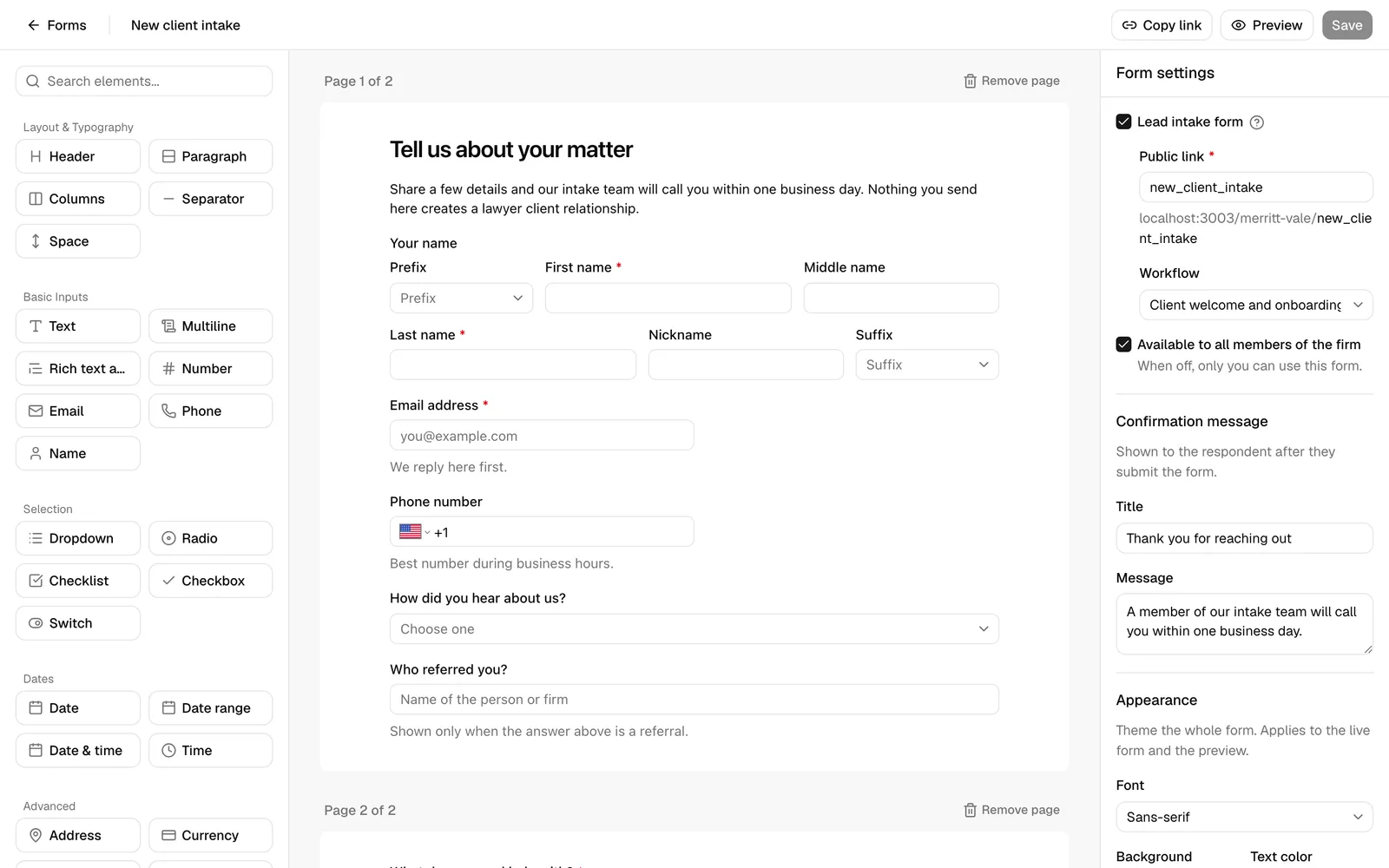 The form builder with the Form settings panel open on the right, highlighting the Lead intake form checkbox, the Public link field, and the Confirmation