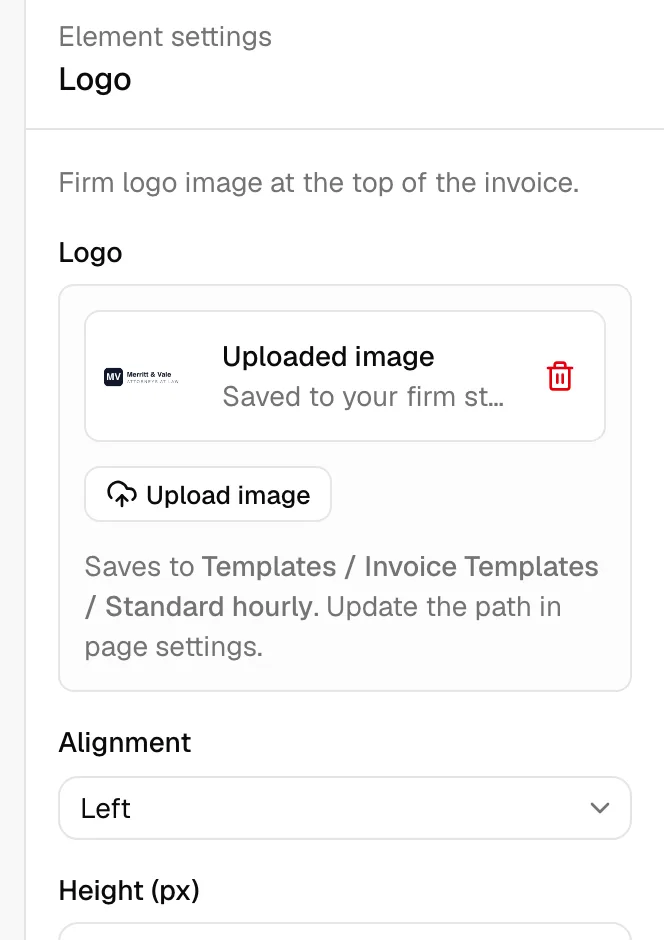 The image uploader in the right panel with an uploaded logo preview, the Upload image button, and the "Or paste an image URL" field.