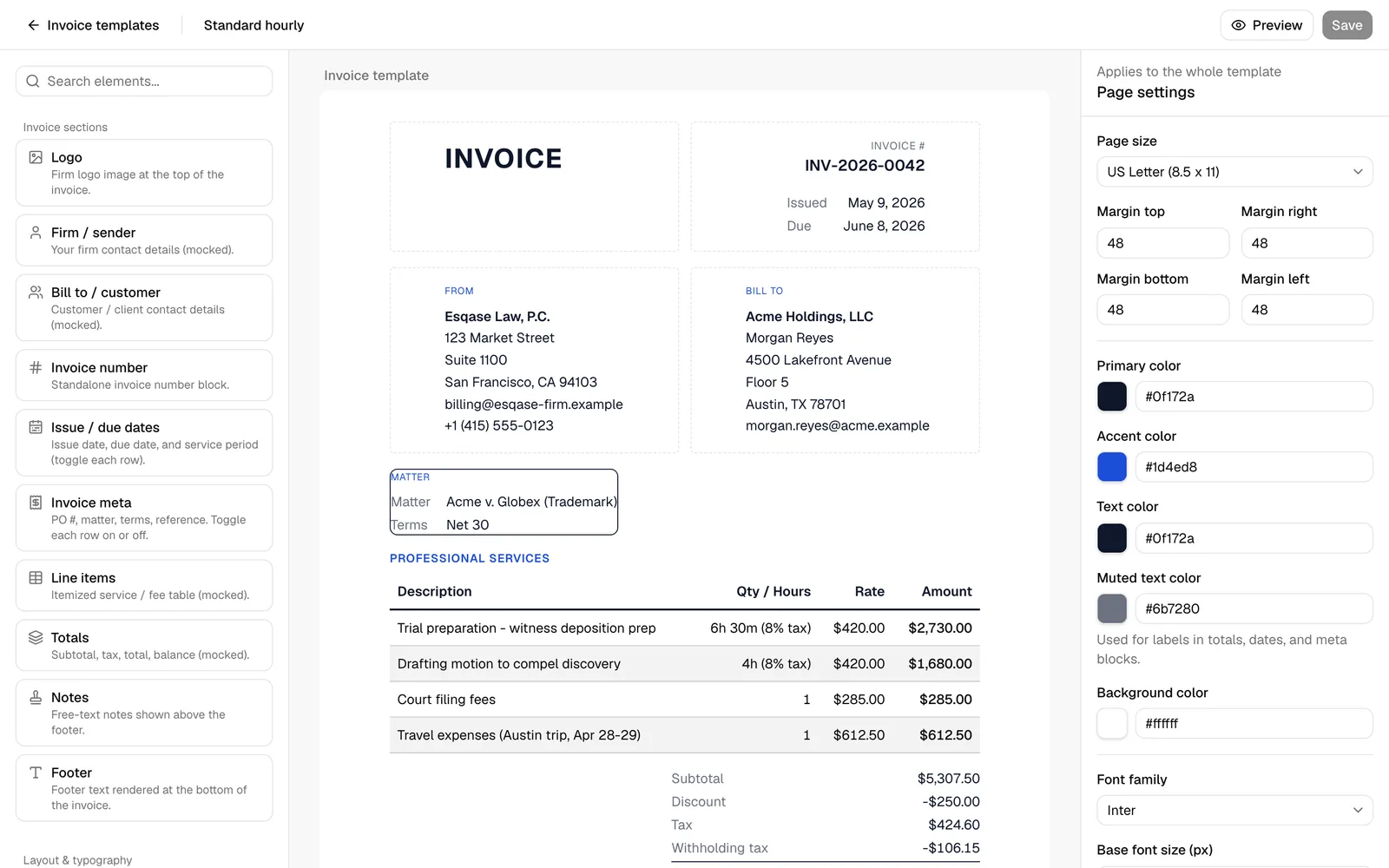 The full invoice template builder with the left element palette, the center page canvas, and the right settings panel labeled.