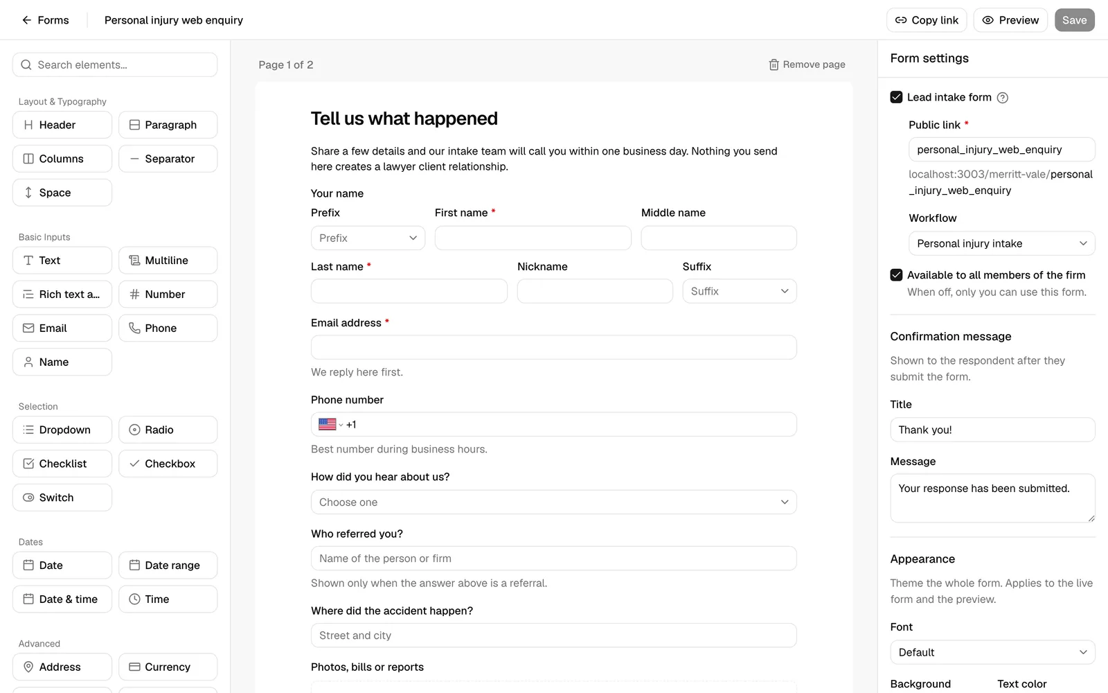 The full form builder showing the three panes (palette left, canvas center, properties panel right) and the top toolbar with the form name field, Preview, and