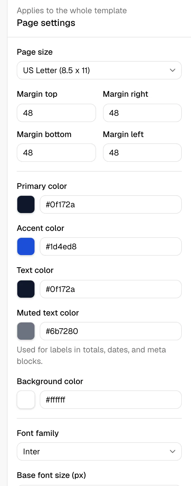 The right panel showing Page settings, with the page size dropdown, margin inputs, and the color pickers visible.