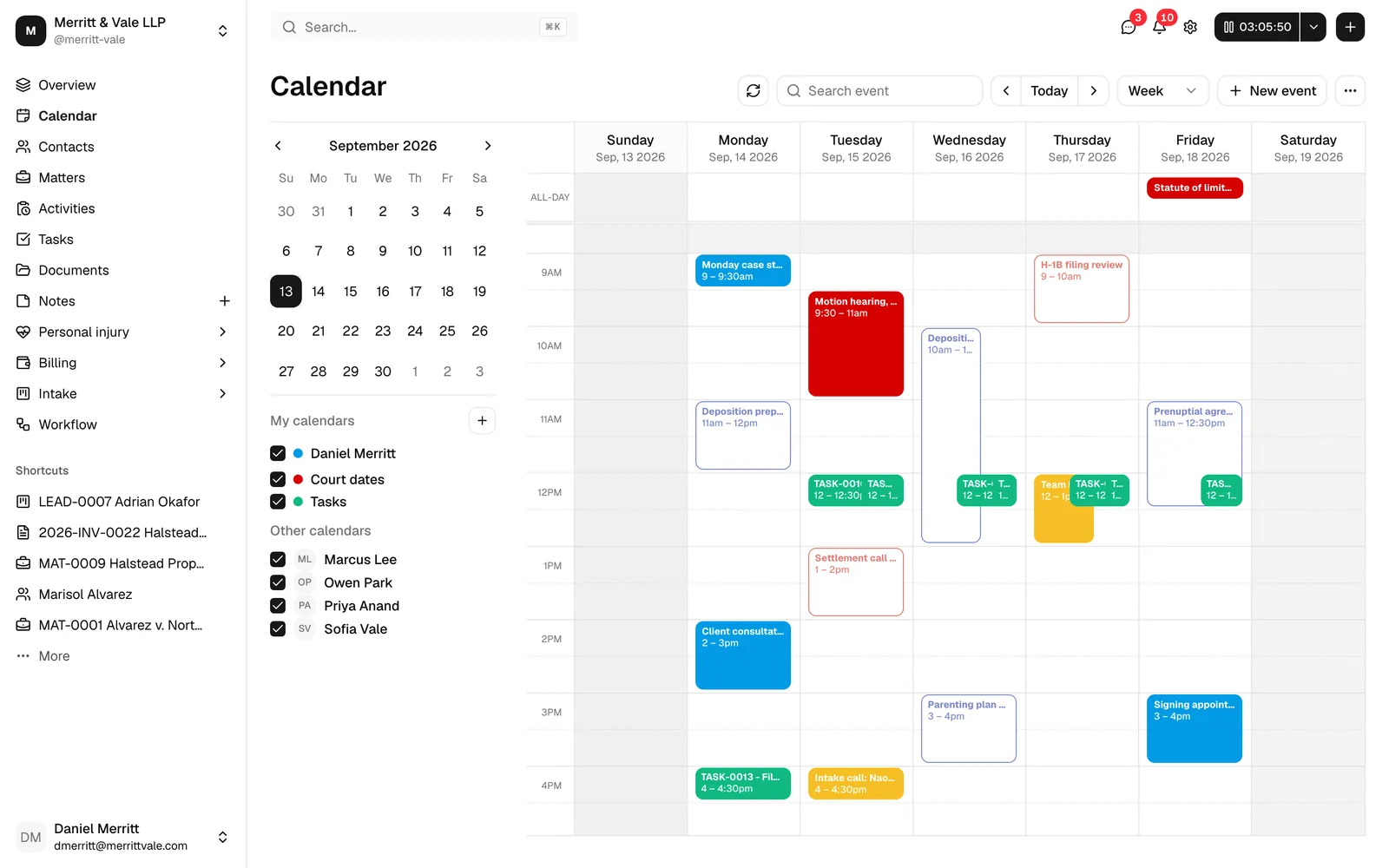 The full Calendar page: the left rail (mini month picker and the My calendars / Other calendars lists), the main calendar grid in the center, and the header