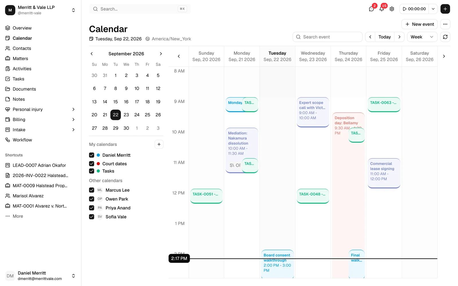 The full Calendar page: the left rail (mini month picker and the My calendars / Other calendars lists), the main calendar grid in the center, and the header