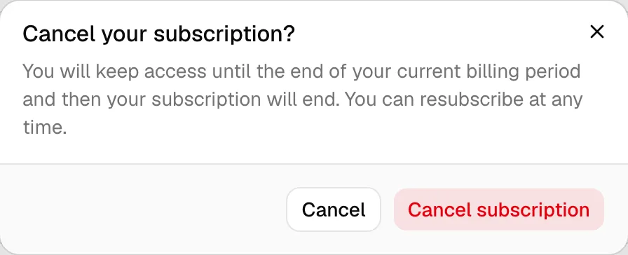 The cancel confirmation dialog titled Cancel your subscription?, with the explanation text and the red Cancel subscription button.