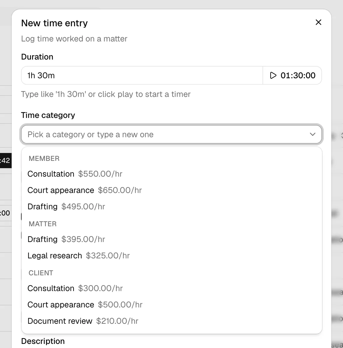 The time entry or expense dialog with the Time category (or Category) dropdown open, showing options grouped under Matter, Member, and Firm headings with a