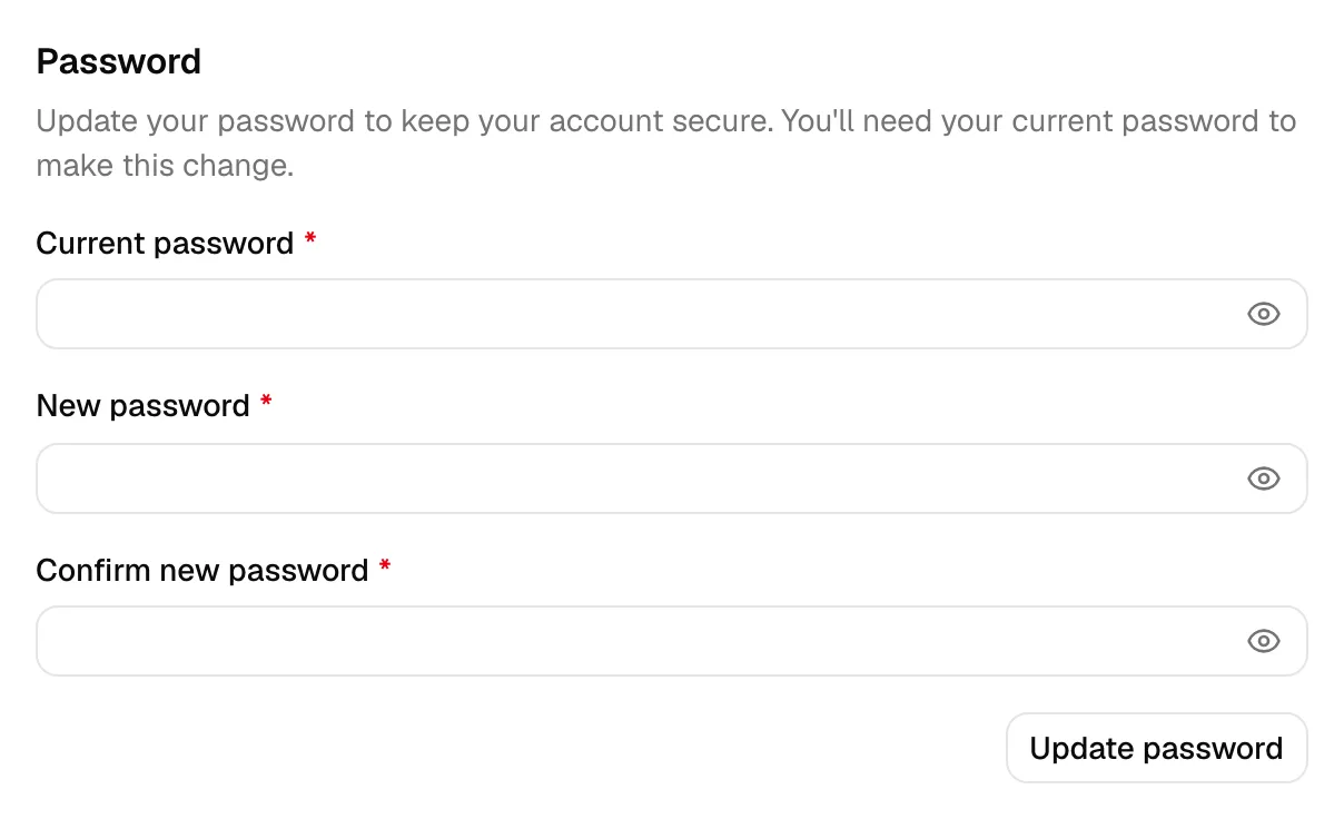 The Password tab in account settings showing the Current password, New password, and Confirm new password fields and the Update password button.