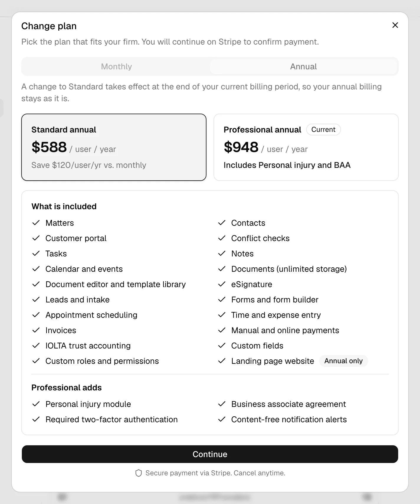 The Change plan dialog with the Current badge on Professional annual, Standard annual selected, and the Continue button at the bottom