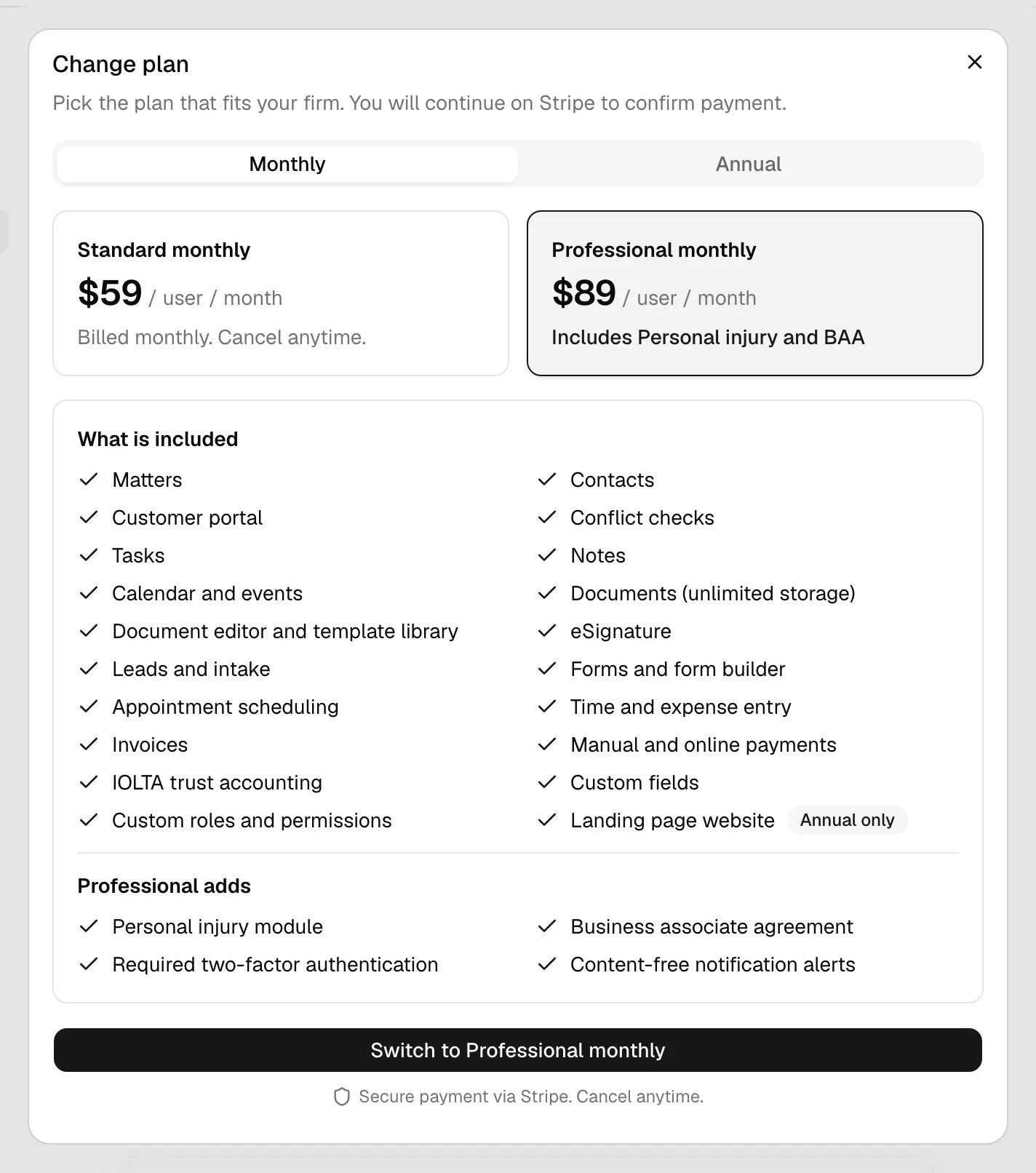 The plan dialog on the Monthly interval showing the Standard and Professional cards, the What is included list, and the Switch to Professional monthly button