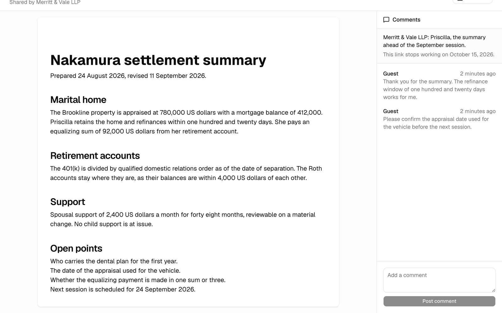 The shared document with the Comments panel open on the right, highlighting the comment list and the Add a comment box with the Post comment button.