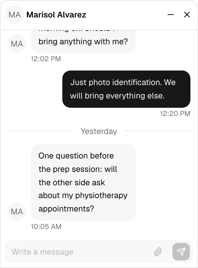 A floating chat panel with a client, showing the Client badge on the conversation and a short exchange in the thread.