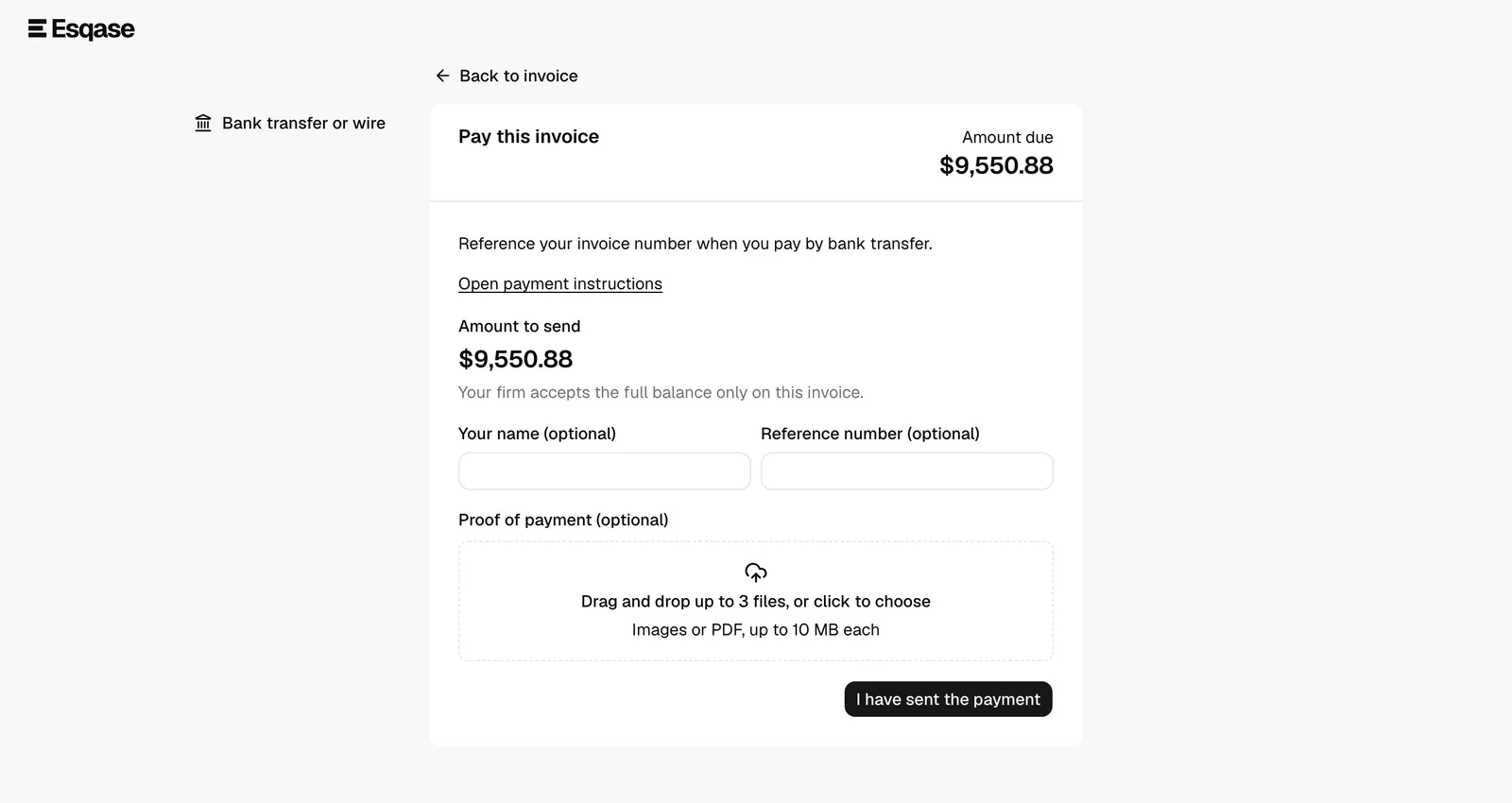 The client-facing payment page with the method list on the left (Bank transfer or wire, QR code) and the Pay this invoice card with Amount due on the right.