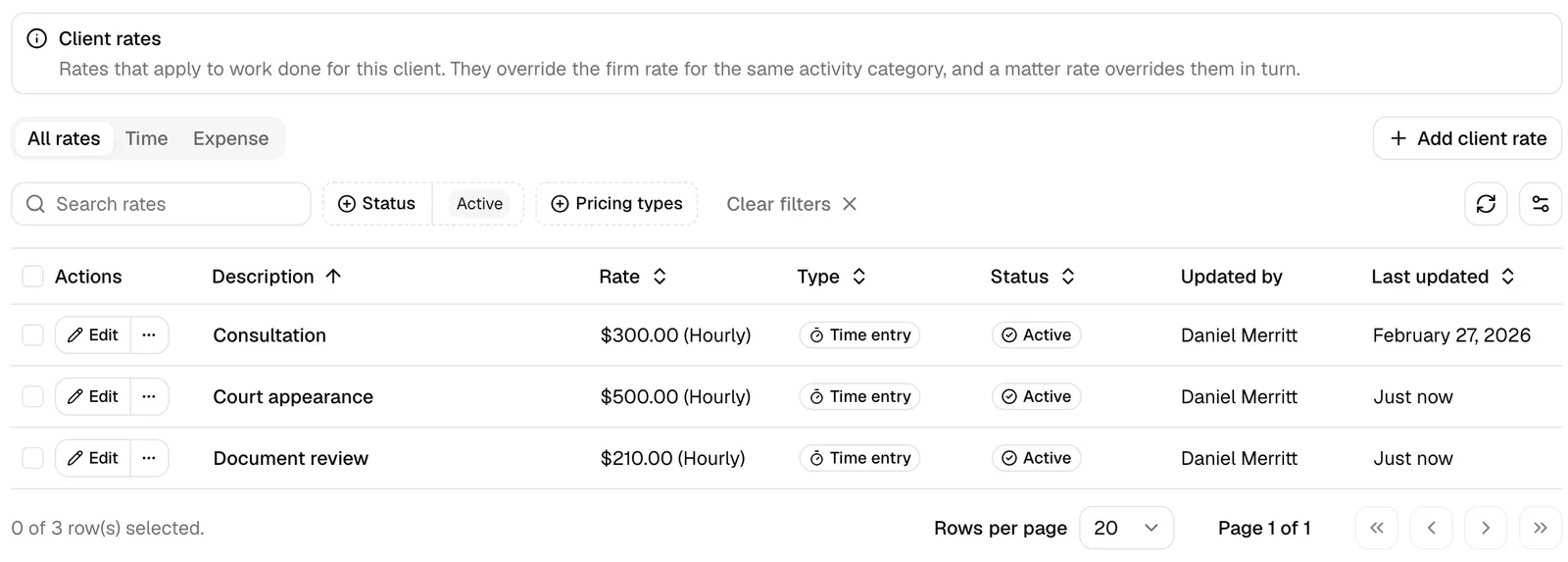 The Rates tab on a contact, headed Client rates, with two rate rows showing their description, rate, pricing, and type.