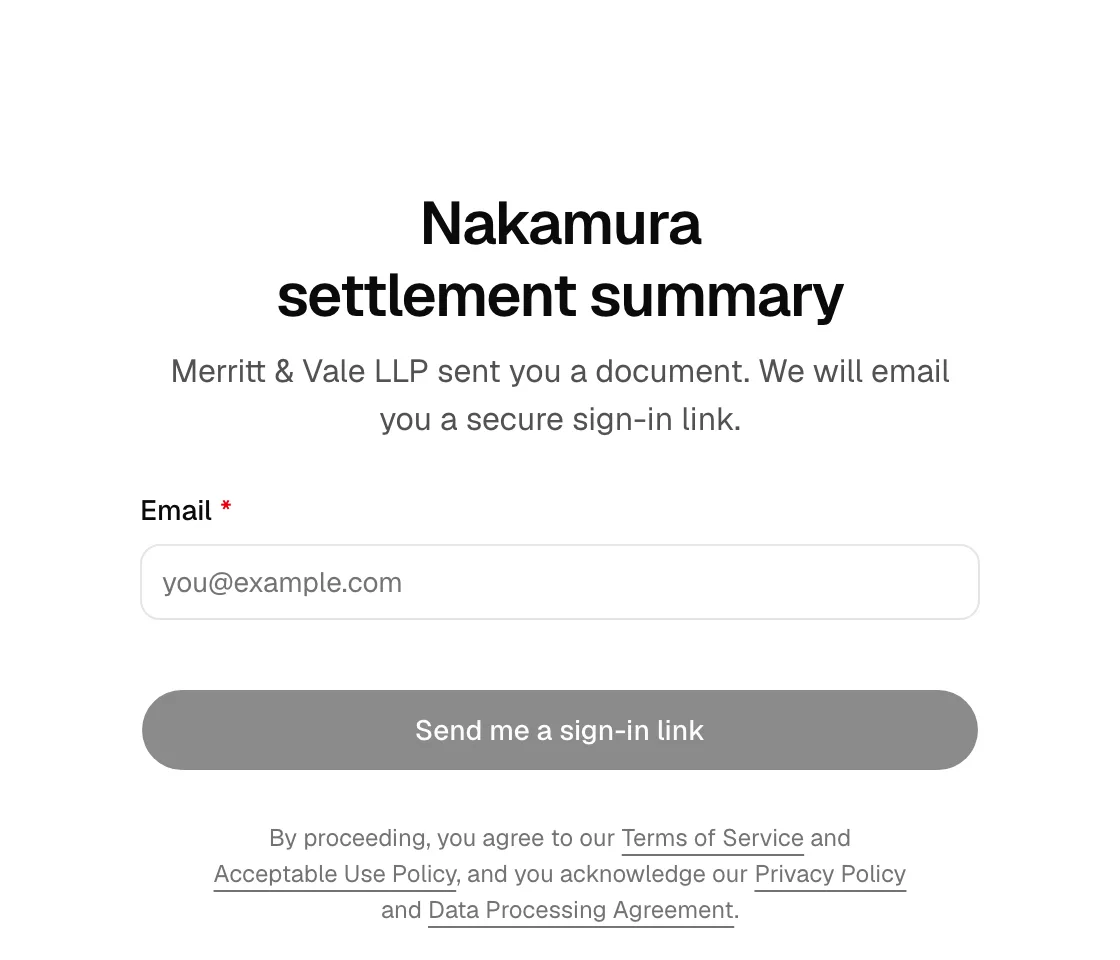 The restricted-share unlock screen showing the document name, the email field, and the Email me a sign-in link button.