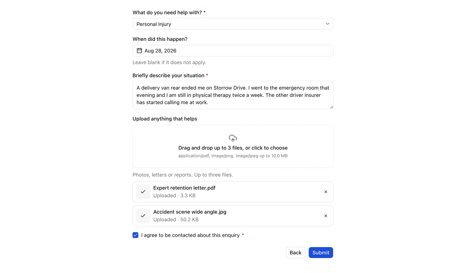 The public intake form as a client sees it, with a couple of fields filled in and the Submit button at the bottom right.