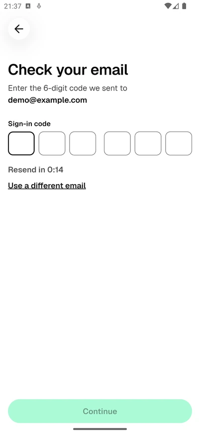 The Check your email screen in the Esqase Client app, showing the address the code went to, the six Sign-in code boxes, the Resend countdown and the Use a different email link.