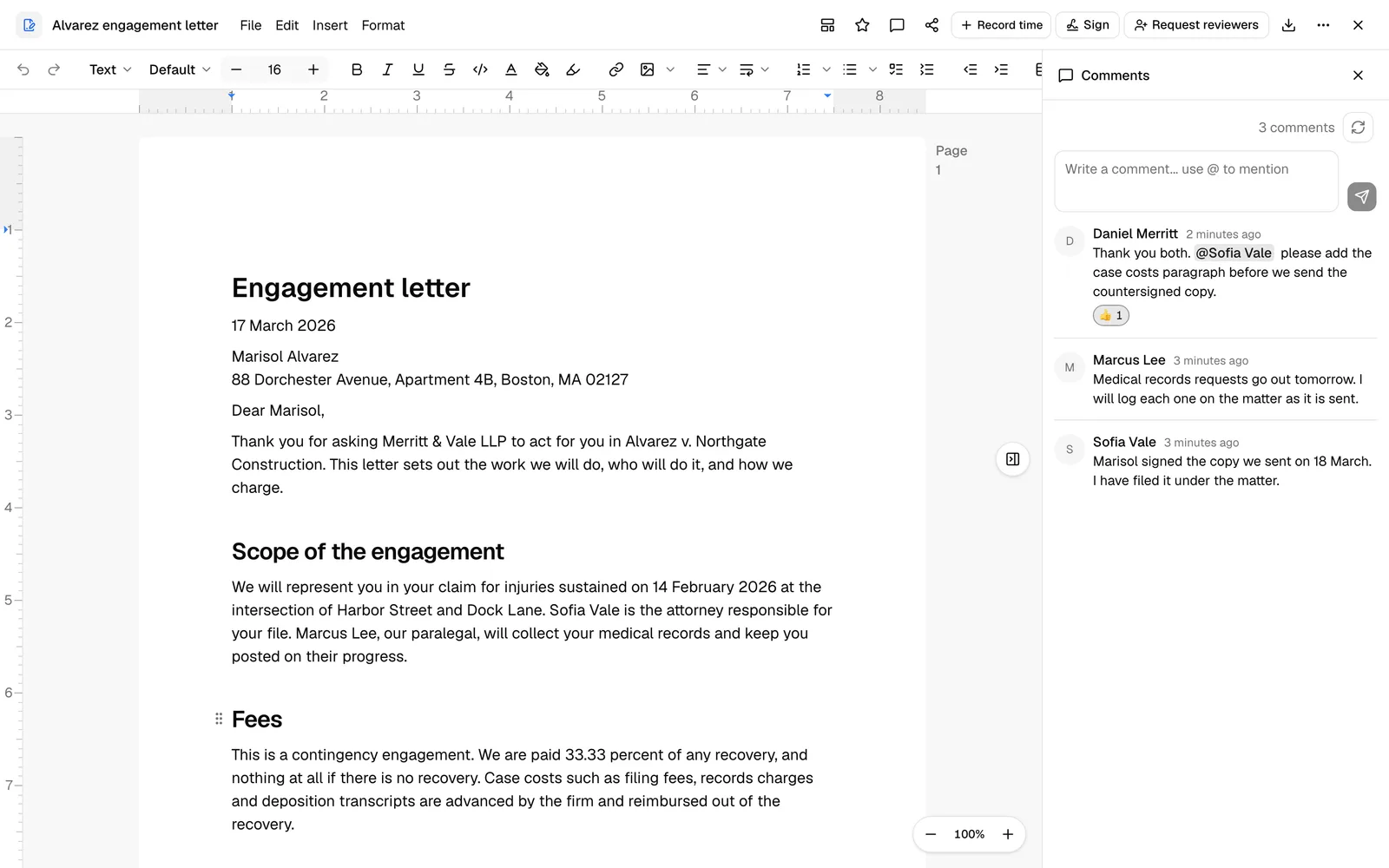 The editor with the Comments panel open on the right, showing the comment box at the top with the @-mention hint and a short chat-style thread below.
