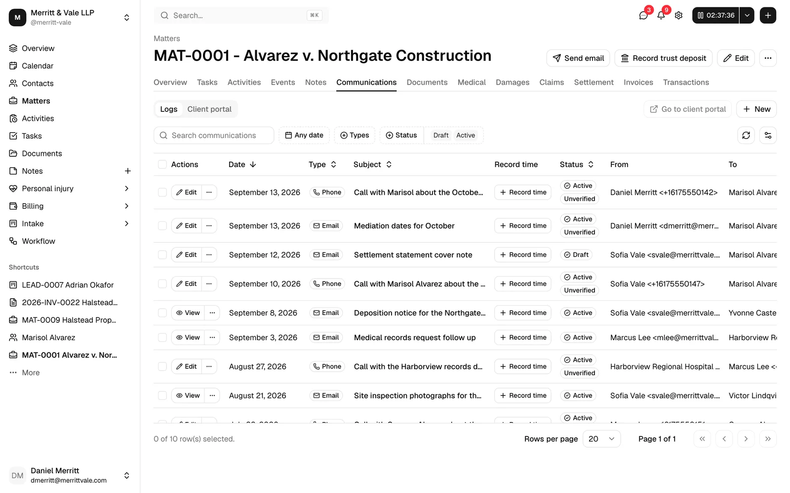 The matter workspace with the Communications tab selected, showing the Logs sub-tab, the toolbar (search, date range, Type, Status), and the table of logged