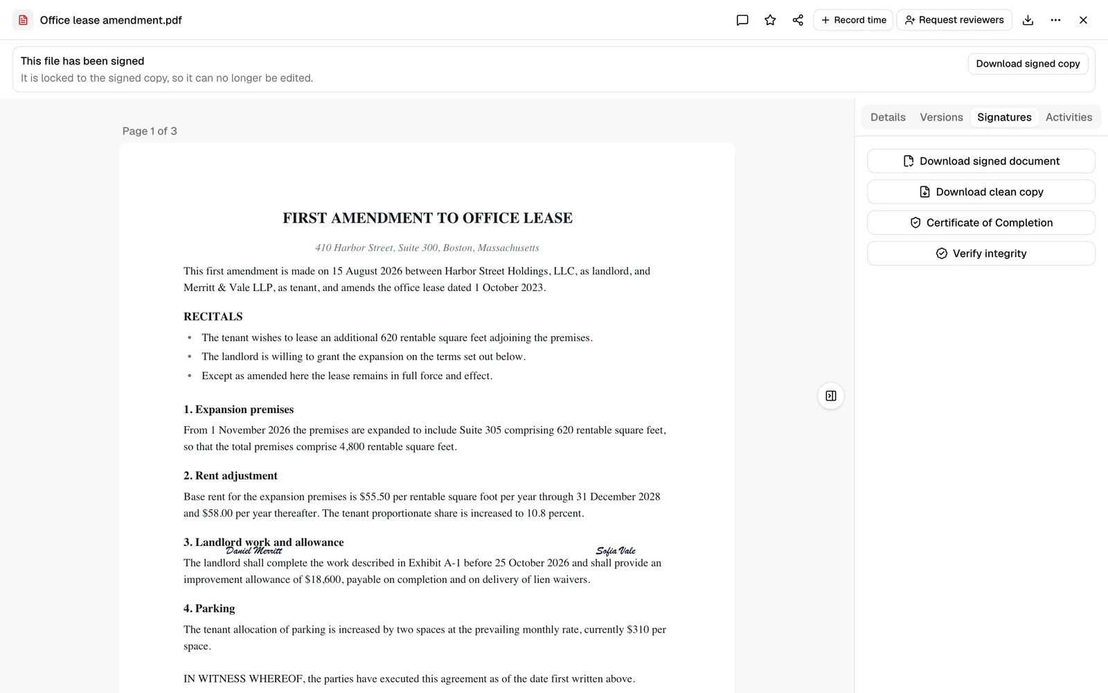 The completed request's Signatures tab with all signers showing Signed badges and the Download signed document / Download clean copy / Certificate of