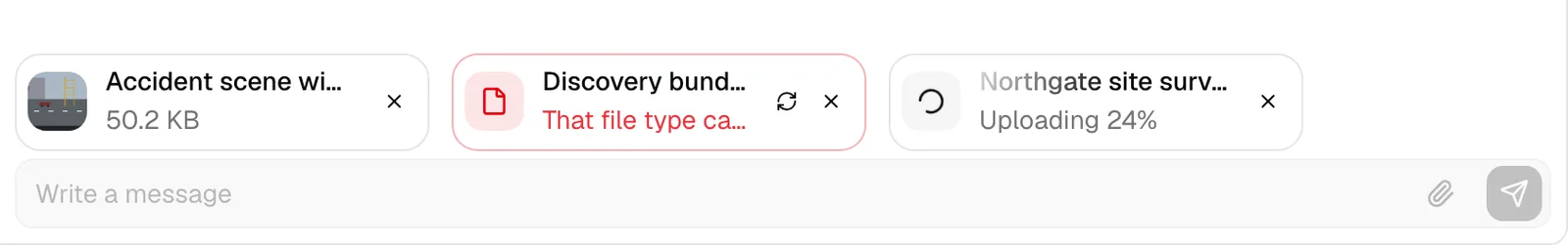 The message box with three attachment cards above the Send button: one uploading with a percentage, one showing an image preview, and one showing a red error
