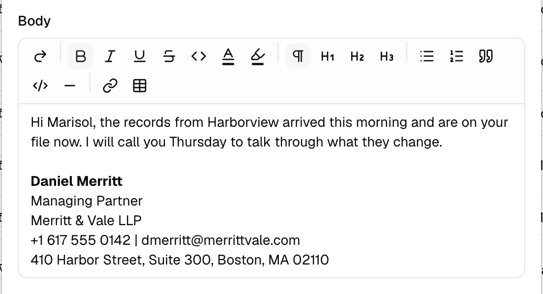 The email composer with the Body field expanded, showing a typed message followed by a blank line and the inserted signature. Highlight the signature block at