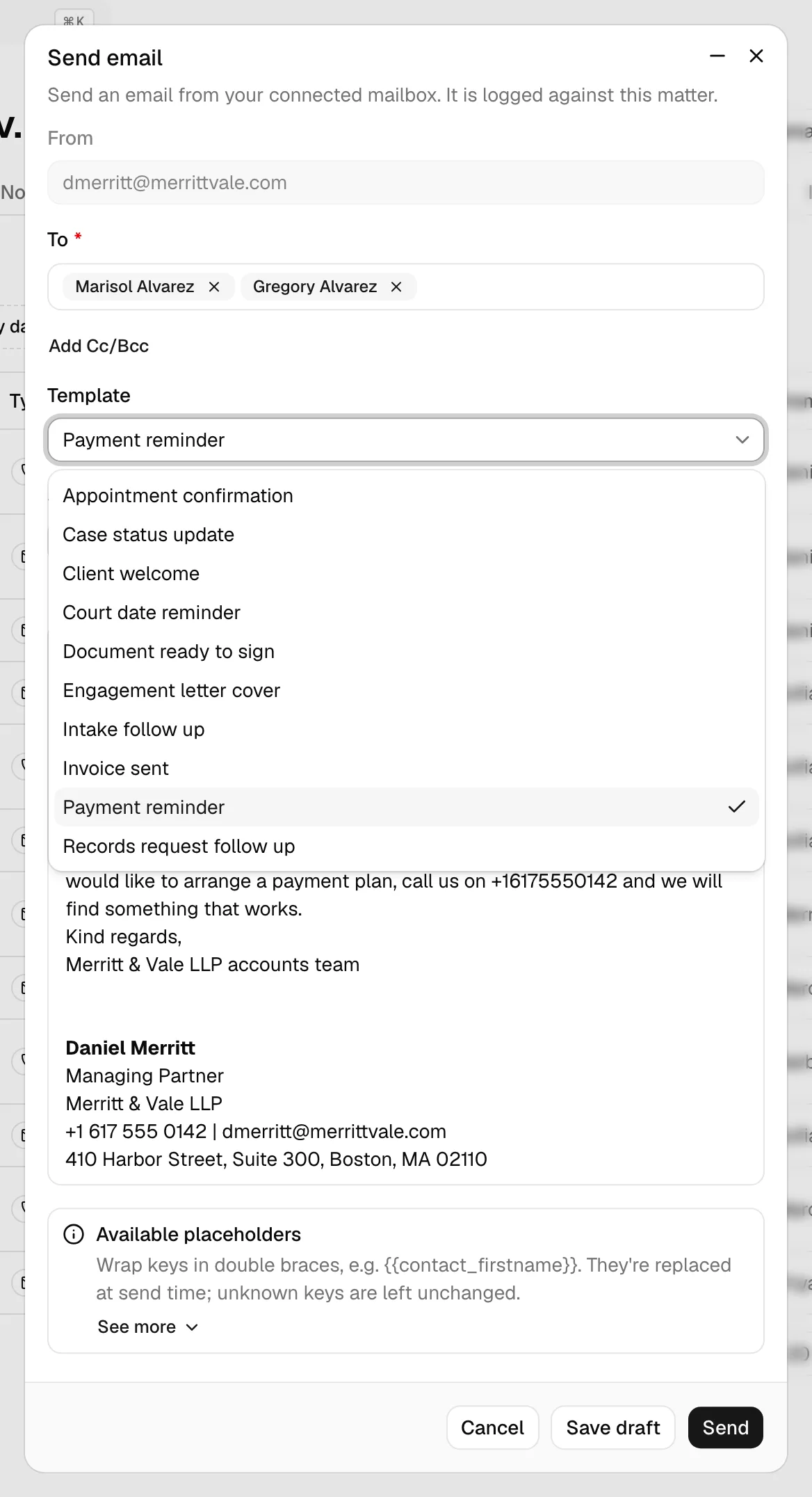 The email composer with the Template dropdown open, showing the list of templates, and the subject and body prefilled after one is selected.