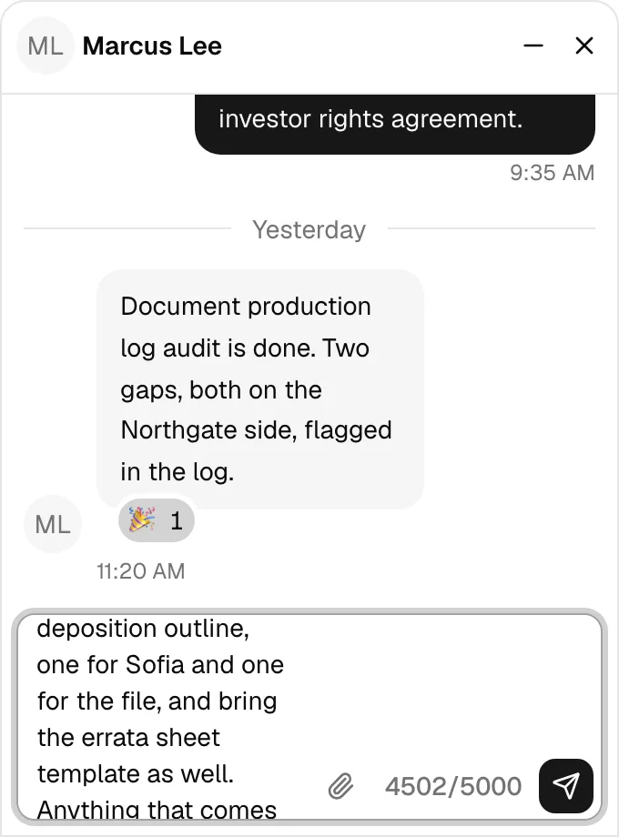A chat panel with a message typed into the Write a message box, the paperclip and Send buttons, and the character counter showing.
