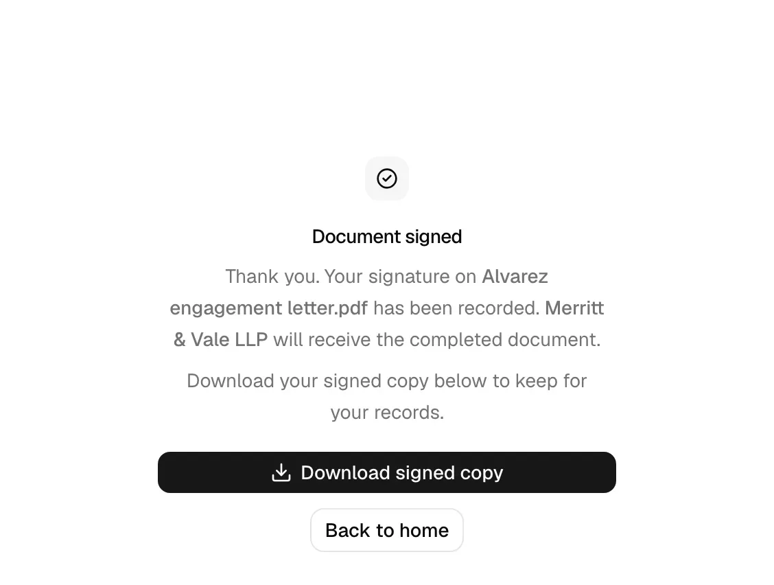 The "Document signed" confirmation page with the green checkmark, the "A copy is on its way" line, the Download signed copy button, and the Back to home button.