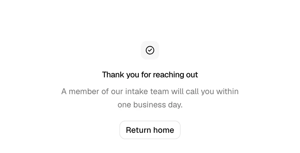 The confirmation page showing a custom title and message with the success checkmark and Return home button.