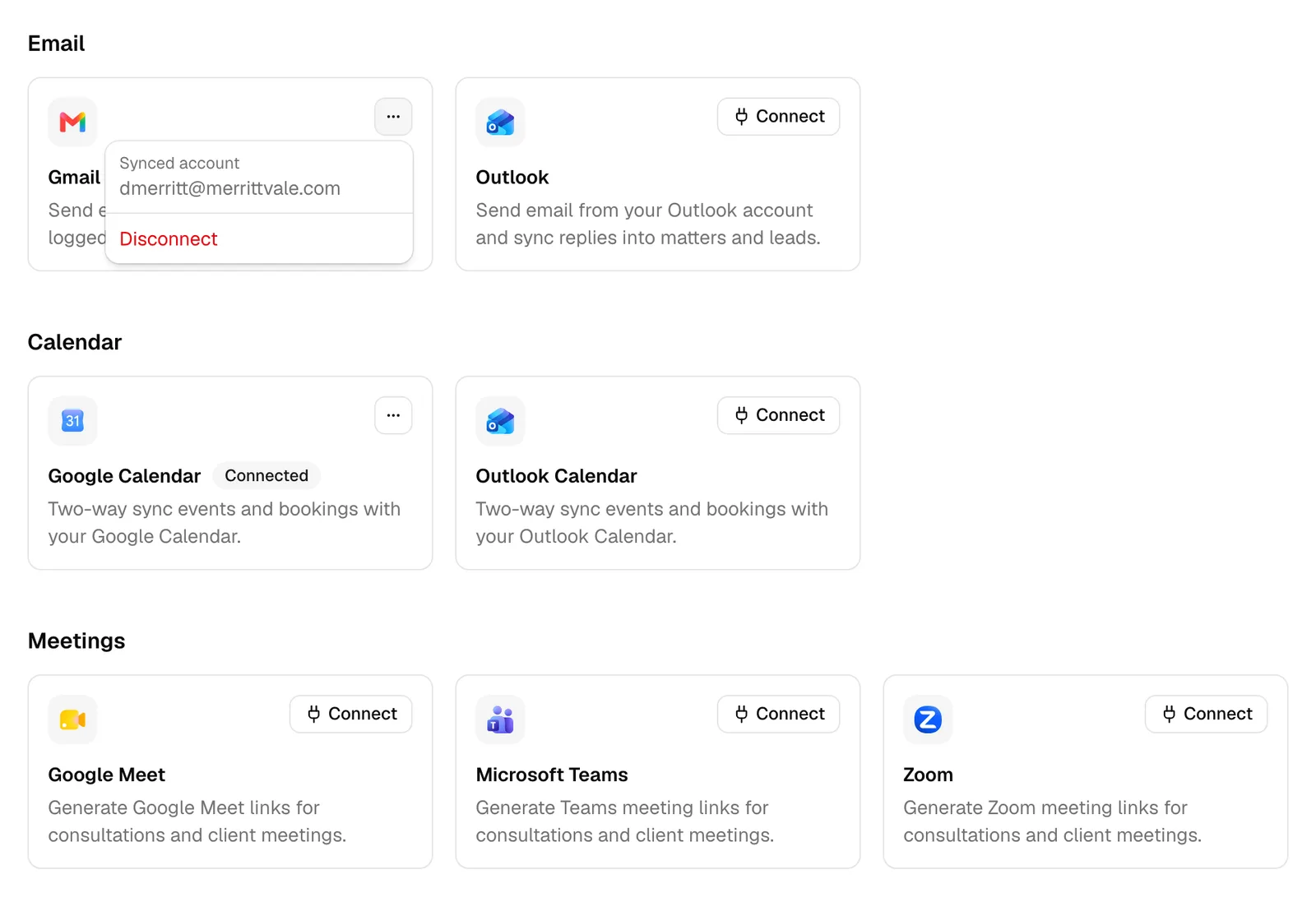 The Email and Meetings groups, showing a connected card (with the Connected badge and its more options (⋯) menu) next to a card that still shows Connect.