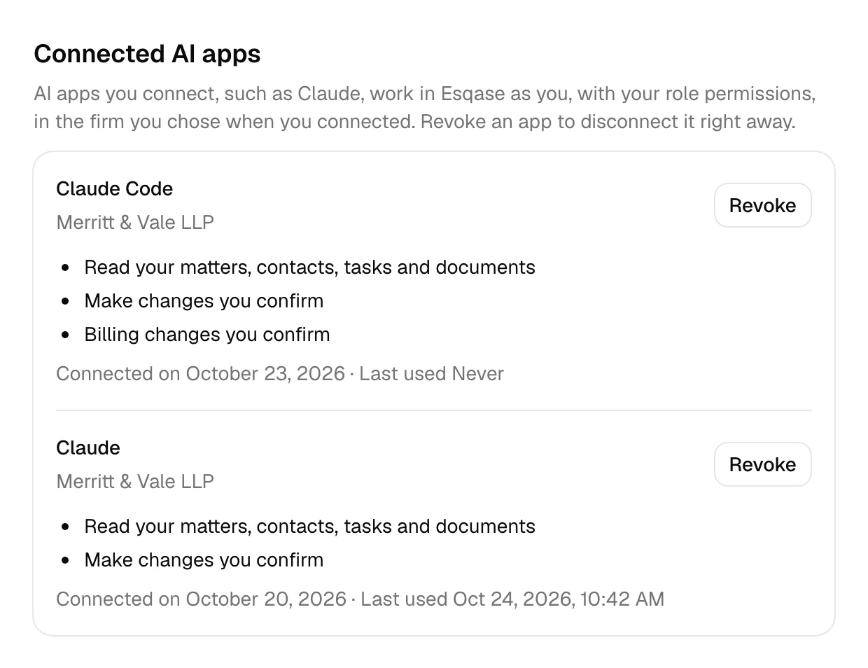 The Connected AI apps section on the Security settings page: a Claude Code row and a Claude row for Merritt & Vale LLP, each listing what it can do, the Connected on date, Last used, and a Revoke button.