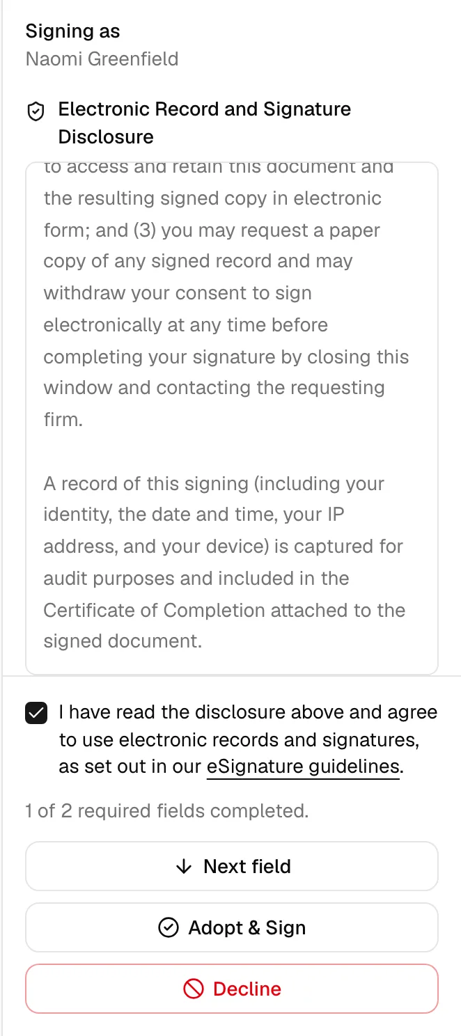 The signing panel with the tall Electronic Record and Signature Disclosure box, the consent checkbox checked, the enabled Adopt & Sign button, and Decline