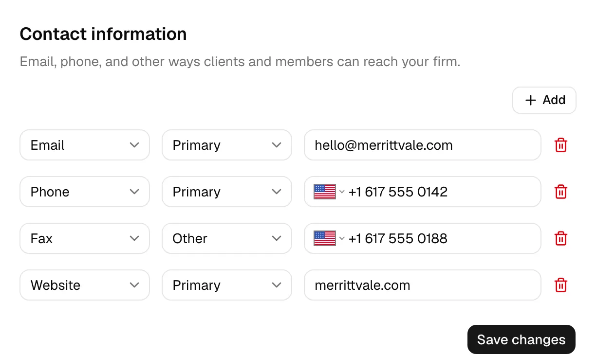 The Contact information section with two rows, one Email / Primary and one Phone / Primary, the Add button above the rows, and the trash icon at the end of