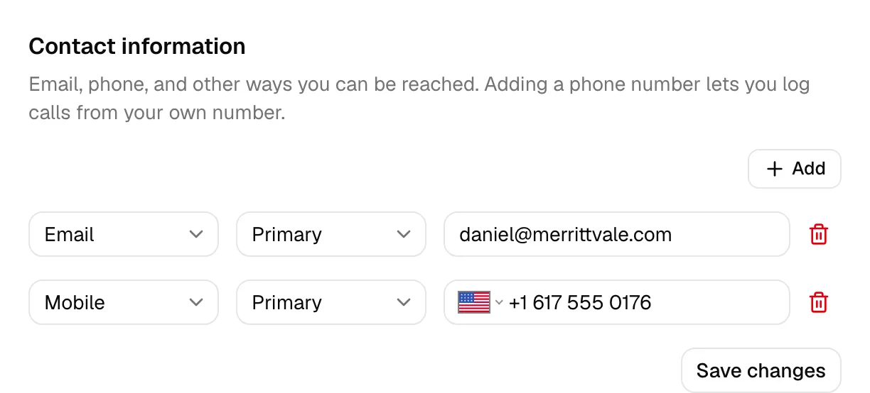 The Contact information section with a couple of rows (an Email row and a Mobile row), the Add button, and the Save changes button.