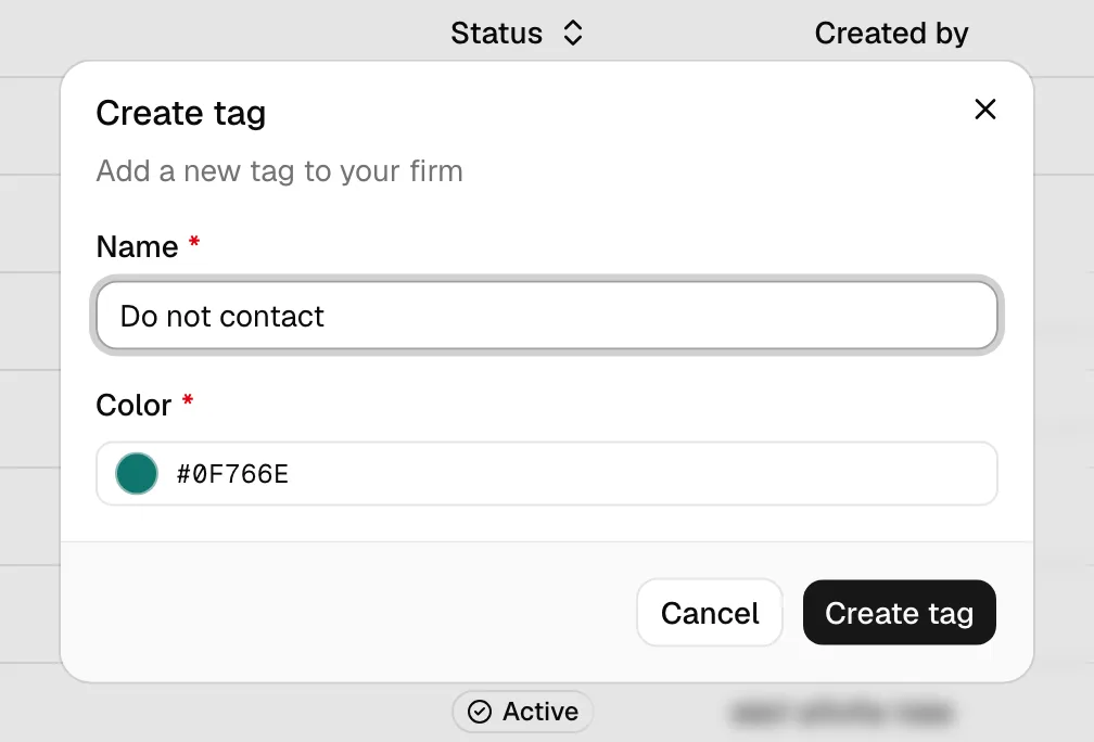 The Create tag dialog with the Name field filled in (for example "VIP") and the Color swatch open on the color picker.