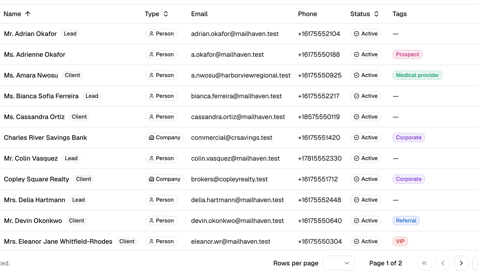 The Contacts list with the Tags column visible, showing colored tag chips on several rows.