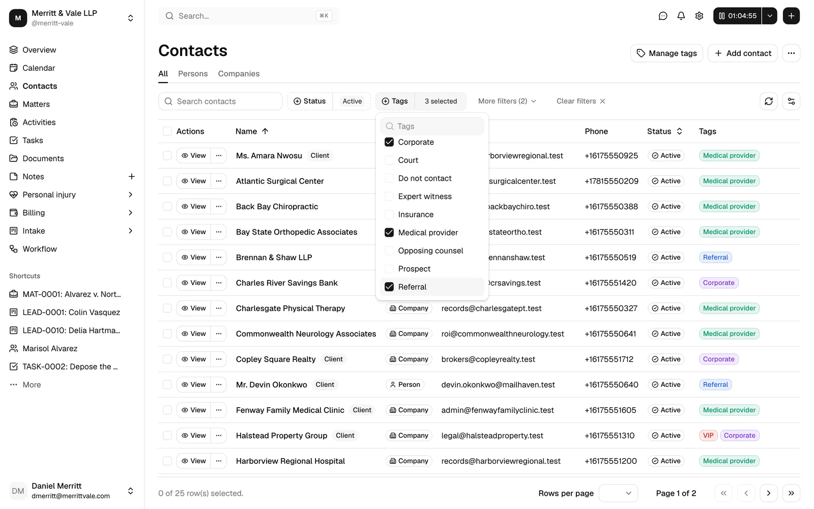 The Contacts toolbar with the Tags filter dropdown open, several tags ticked, and the table filtered below.