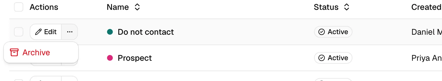 The tag row "..." menu open, showing the Archive option (for an active tag) or the Restore and Delete options (for an archived tag).