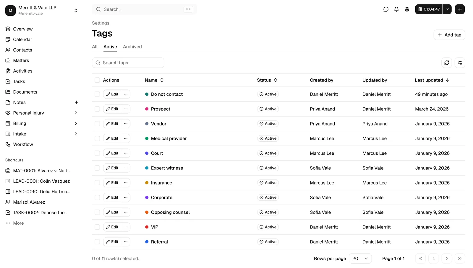 The Tags settings page showing the tag table with the All / Active / Archived tabs, the Search tags box, and the Add tag button in the top right.