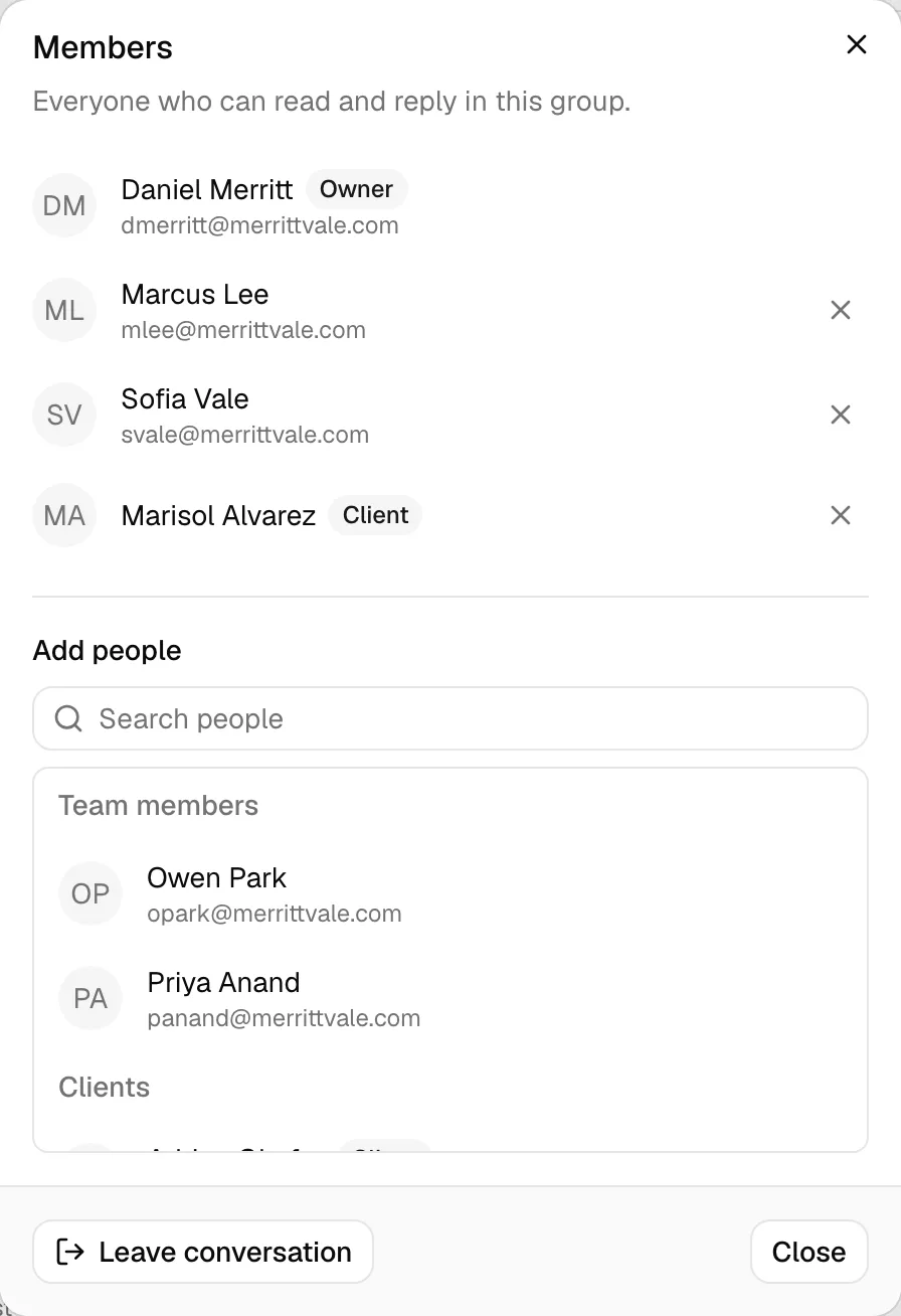 The Members dialog for a group, listing four participants with one marked Owner and one marked Client, the Add people search box below them, and the Leave