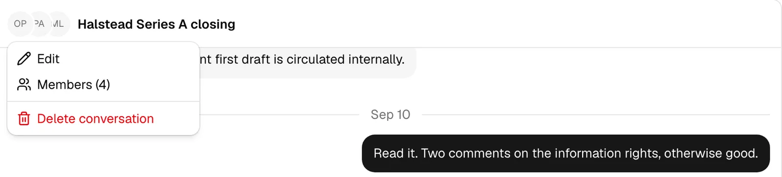 A group chat header with the conversation menu open on the conversation picture, showing the Edit, Members (4), and Delete conversation items.