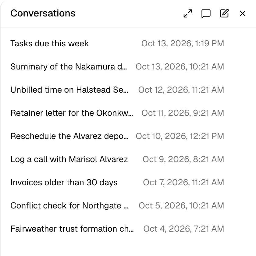 The AI Assistant panel showing the Conversations list below the panel's header buttons, each conversation's title with the date and time it was last used.