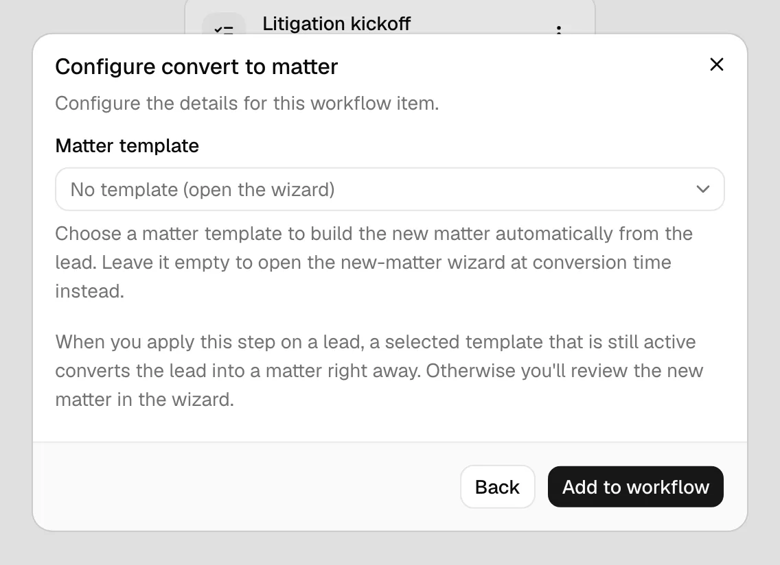 The Convert to matter step showing the Matter template dropdown with the "No template (open the wizard)" placeholder and the explanatory text below it.