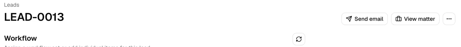 A converted lead's header, with the status actions gone and a View matter button highlighted next to Send email.