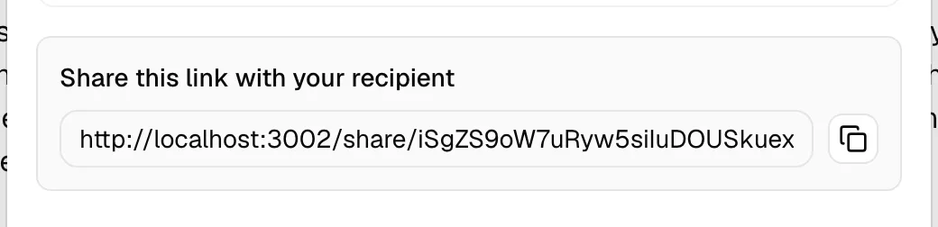 The Share this link with your recipient confirmation box, with the read-only link field and the copy button highlighted.