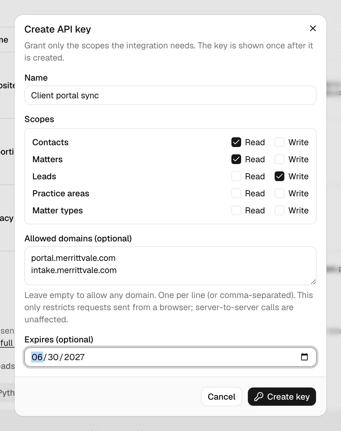 The "Create API key" dialog with the Name field, the Contacts / Matters / Leads / Practice areas / Matter types scope checklist (each with Read and Write
