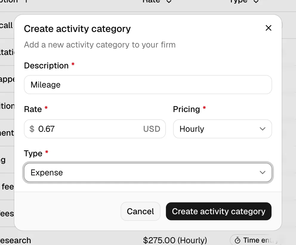 The Create activity category dialog with all four fields visible (Description, Rate, Pricing, Type) and the Create activity category button at the bottom.