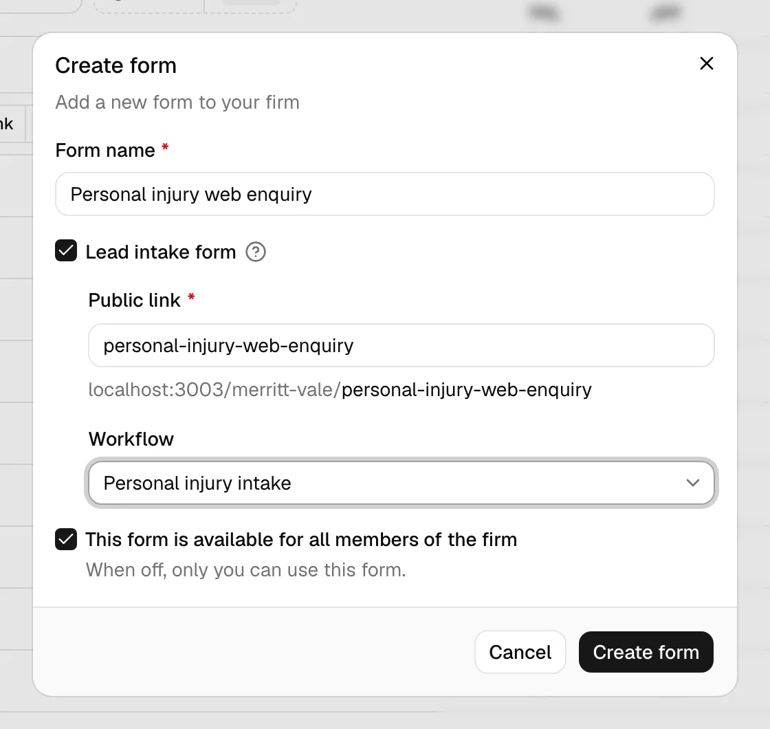 The Create form dialog with the Lead intake form checkbox turned on, showing the Public link field with the firm prefix and the Workflow dropdown.